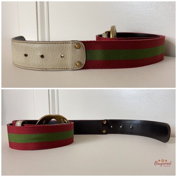 Authentic Gucci Red/Green Web Leather Gold Interlocking G Buckle Belt 85/34 - Picture 12 of 13